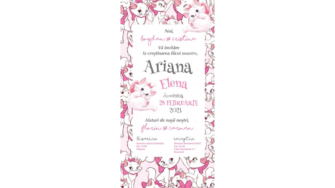 Invitație electronică botez fetiță Pisicile Aristocrate Invitație digitală botez 1